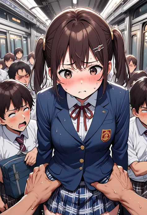 13 old, japanese school girl,dark brown hair,twintail,hair pin, at train ,perfect body,easy-going face,White shirt blouse,sweaty, plaid skirt,trouble,(ass grab), twin tail, blush、molested, anatomically correct, Japanese sound effects, grab her ass or breat...