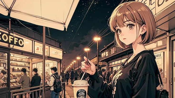 1 person,   short hair ,   80s anime style,  holding coffee in hand, Retro,  LoFi, night view, Records lined up,Stylish lighting,Close-up of a woman&#39;s face, facing the front ,Distant View,23 years old, I'm wearing glasses