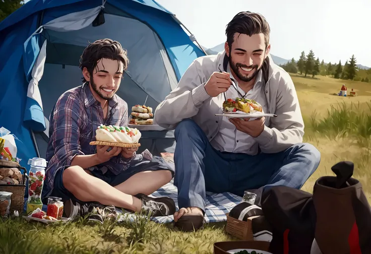 there are two men sitting next to a tent with food, camping, people outside eating meals, people inside eating meals, food commercial 4 k, people on a picnic, eating outside, having a good time, by david rubín, photoshoot, outdoors, advertising photo, best...