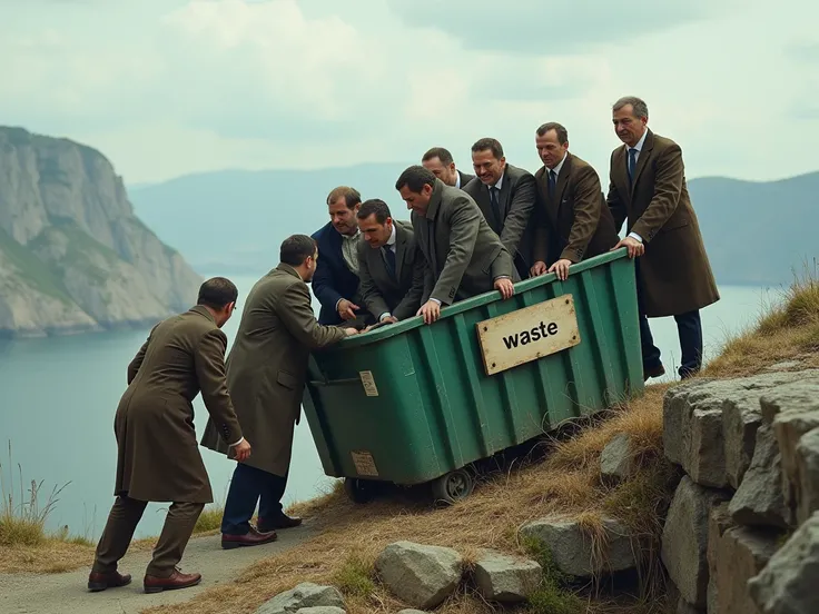 The realistic photo depicts men and women dressed in torn old clothes pushing a garbage container to the edge of a cliff, which is filled with civil servants dressed in expensive suits. The container is labeled “waste” and has a sign This image offers a me...