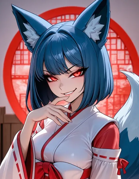 A woman possessed by a fox, blue hair, medium bob hair, fox ears,Red and white shrine maiden outfit, smirking , fox tail ,Lick your own palm