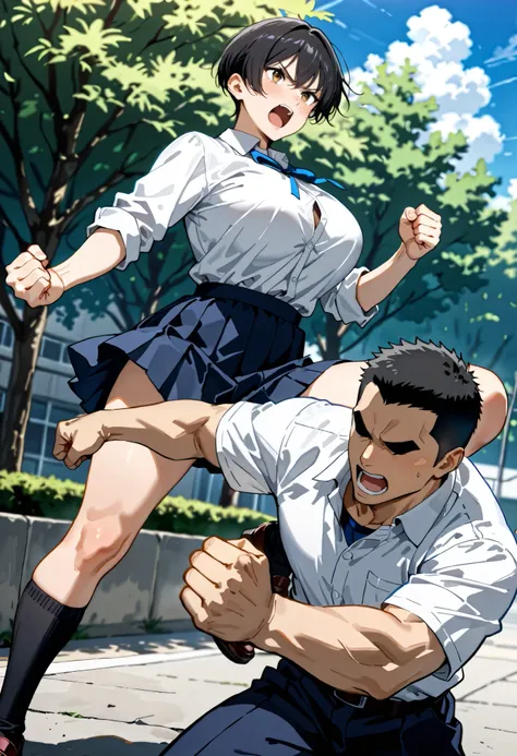 score_9, score_8_up, score_7_up, source_anime,1 boy bara, BRAKE 1girl, cute boyish girl, very short hair, black hair, Aquiline nose, big breasts, (short stature), school uniform, navy skirt, White shirt , light blue ribbon, Knee striking, outdoor,BRAKE (Fi...