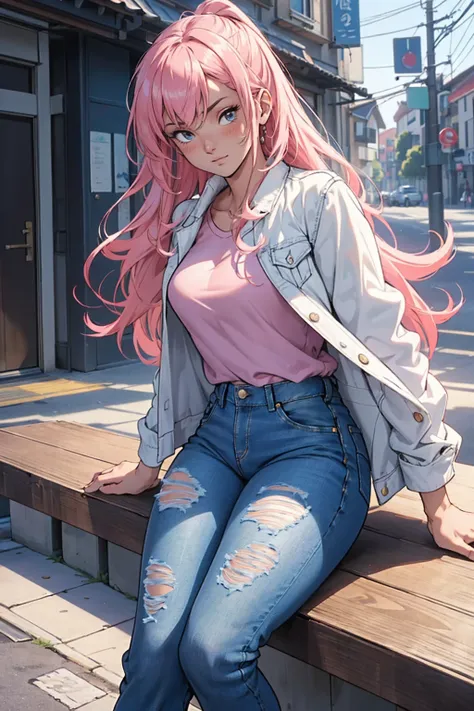 masterpiece, ultra quality, Beautiful detailed, extremely detailed,16K, exquisite, highres, Beautiful background, Beautiful eye, Beautiful skin, anime style, Kaori seducing viewers, (She is wearing a white denim jacket over a pink shirt., blue jeans trouse...