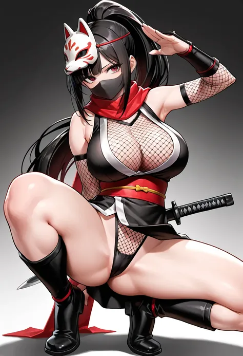 (超 high resolution,  Masterpiece,  anatomically accurate,  top quality,  high resolution),  girl, Ninja,  beautiful shining ponytail ,  Big breasts that are about to spill , Chest, Chest seen from the side:1.3,  thighs, 隙間だらけのNinja衣装:1.3, Coarse mesh inner...