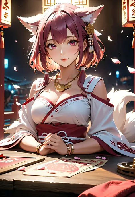 a girl, a young shrine maiden, 最 top quality,  top quality, 16k,  Incredibly Absurd ,  very detailed, 2.5D,  Delicate and Dynamic , Small face,  very delicate expression ,  delicate eye description ,  upper body close-up,  She has short, soft, maroon hair ...