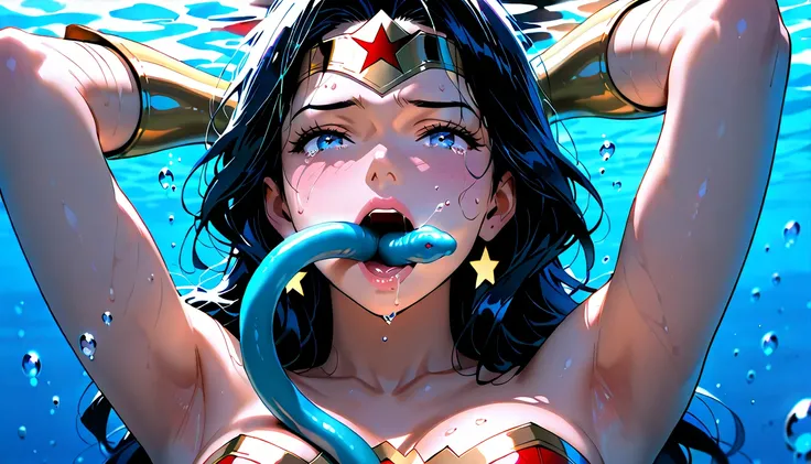 Masterpiece, high definition, beautiful face、Underwater Battle 、(((many Eels floating around Wonder Woman's face、 A group of swimming eels、eels swim around in the water))) 、 Accurate Wonder Woman costume、Accurate boots、Countless eels swarming around your p...