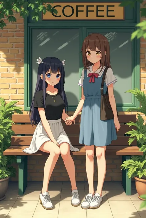 Two girls in an outdoor café, one sitting on a bench and the other standing beside her, detailed faces with beautiful eyes and lips, dark-haired girl in a black top, white skirt, white shoes, and a necklace, brown-haired girl with a bow in her hair, wearin...