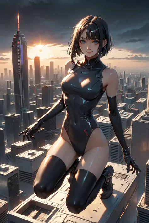  an 18-year-old girl with a cheerful smile 。 jumping off a moonlit skyscraper in a cyberpunk world at night。 wearing shoulder-length white opera gloves and black tights 、 wearing a metallic silver high neck leotard 。 wearing shiny black thigh high boots 。 ...