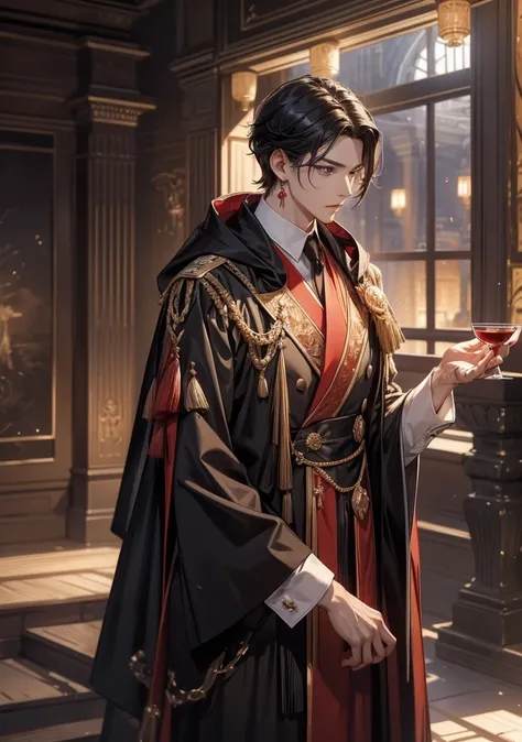  top quality。 detailed depiction of up to the front door。Castle ballroom。cool and handsome nobleman、(( one adult man))。 well-groomed 。Men's Hairstyles 、((male short hair))、青みを帯びた black hair、(( black hair))。 cool and intimidating look。(( blue eyes))。 well-g...