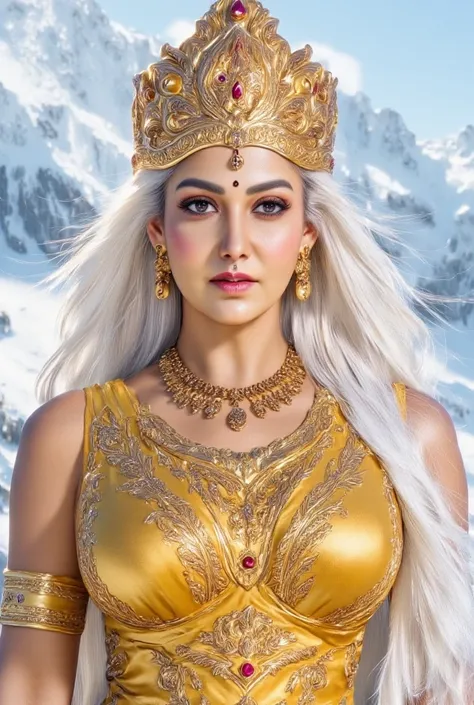 Full body image of Goddess durga wearing golden armor suit with futuristic sci fi technology and intricate indian design also have golden jewelry, xnayan very thick milf body, long white hair, white skin tone, red lipstick, hyper realistic image, wearing b...