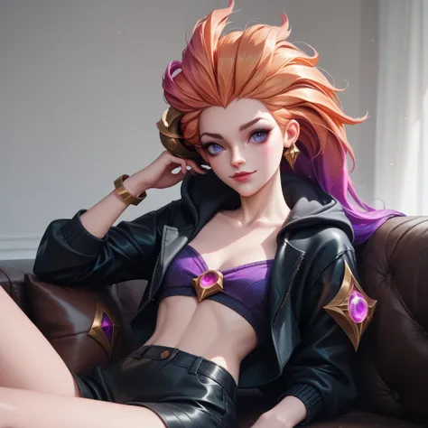 ((zoe)),((league of legends)),((sitting on a black leather sofa)),((wearing a black hoodie)),((bare chest visible))