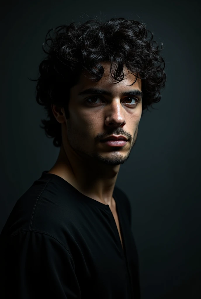 "A mid-long portrait of a young Arab man with curly, medium-length hair, displaying a sorrowful and mysterious expression. The image has a dark, moody atmosphere with deep shadows and high contrast, emphasizing a sense of depth and grandeur. His eyes refle...