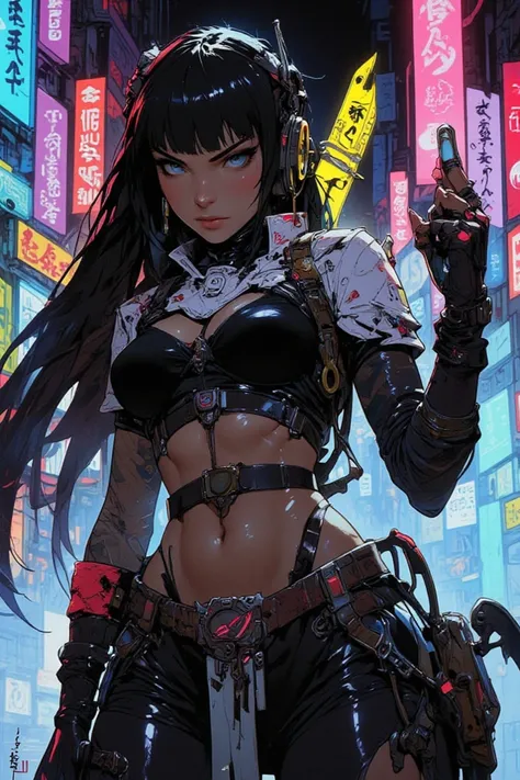 (   cyberpunk) Cool sexy combat pose 、Black and white long haired  , bangs,     headphones   ,  (  cyberpunkな黒のフードジャケット,  black garter belt、  stockings、  high heel boots )  has a cool plasma gun sword,   cool cyber ninja girl 、    viewers  ,   photorealist...