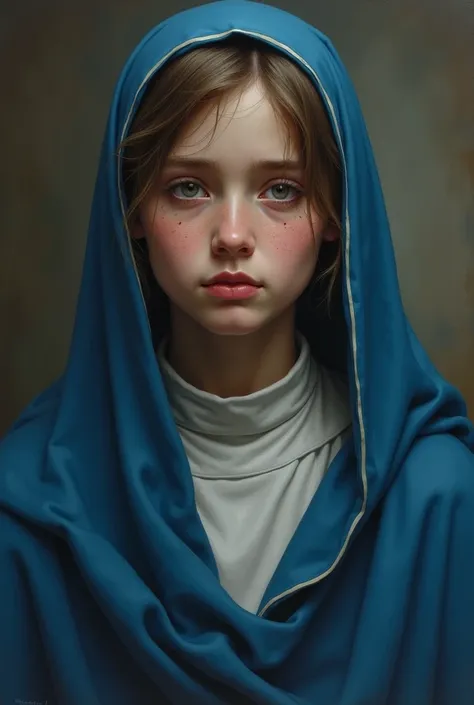 A painting of a nun named maria, dresses as the virgin mary, so blue cloth. she is young and has short brown hair. with a broken hearted expression. small eyes.