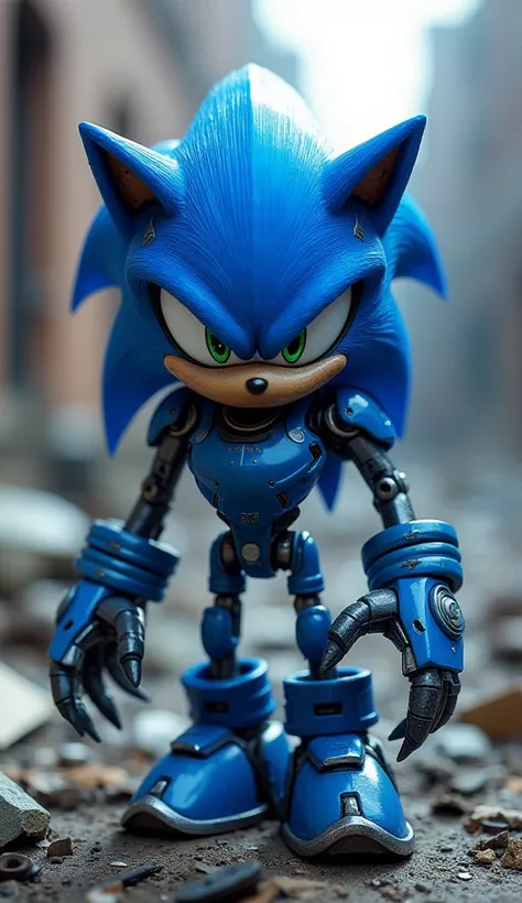  Sonic Hedgehog made of robot sharp claws, sharp horns, futuristic, robotic, detailed metallic structure, blue color, blue lightening, in a wreckage place, blurred background, high quality, high resolution, 