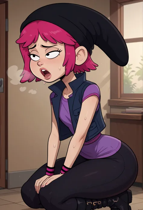 ((bedroom background)),score_9, score_8_up, score_7_up,score_6_up, source_cartoon
1girl, Solo, Pauline_AP, light skin, black eyes, bright pink hair, short hair, black beanie hat, purple t-shirt, pink-black wristbands, sleeveless dark blue vest, tight black...