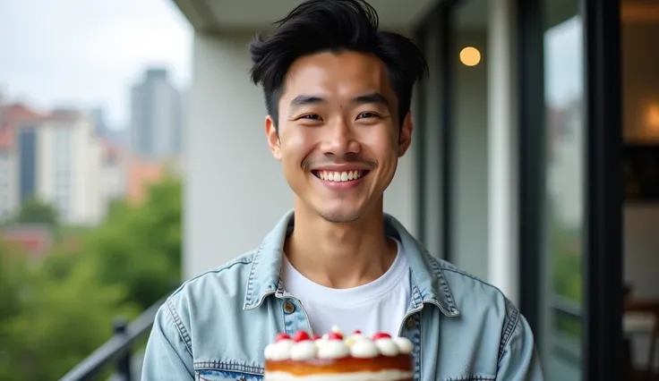 Portrait of a young Asian man's face. His face shape is round. He has a high messy bun, neatly styled black hair. He has double eyelids. His eyebrows are thick with a slight arch. His nose is of average size and shape, not particularly prominent or defined...