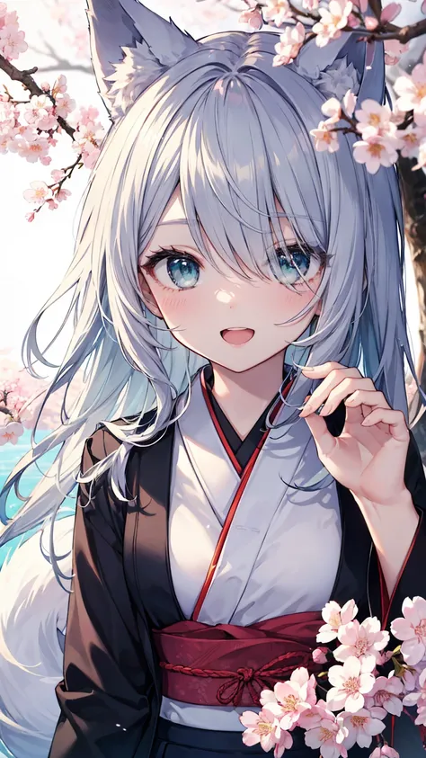 gray hair 、 illuminated in the dark 、 I had hair on one eye、Japanese-style town、day,solo,1girl,((from above))、Yangyun、cherry blossoms、 Flower blowing snow、bird、slender、open mouth、double teeth、 claw pose、smile、 Cool Personality,((upper body))、on bottom ,boy...