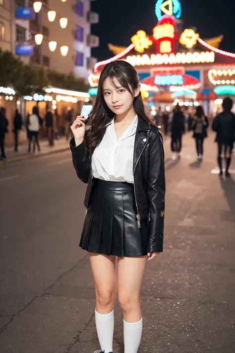 Amusement park date， big breasts， Super Real ,  photorealistic ,  she looks extremely happy  , shadow,  Global Pi Illuminations   ,  alone, ( age Japanese girl :1.5),  so beautiful and delicate Japanese girl ,  so beautiful、 smile ,  slim,  beautiful legs ...