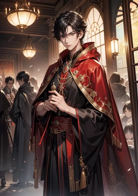  top quality。 detailed depiction of up to the front door。Castle ballroom。cool and handsome nobleman、(( one adult man))。 well-groomed 。Men's Hairstyles 、((male short hair))、青みを帯びた black hair、(( black hair))。 cool and intimidating look。(( blue eyes))。 well-g...