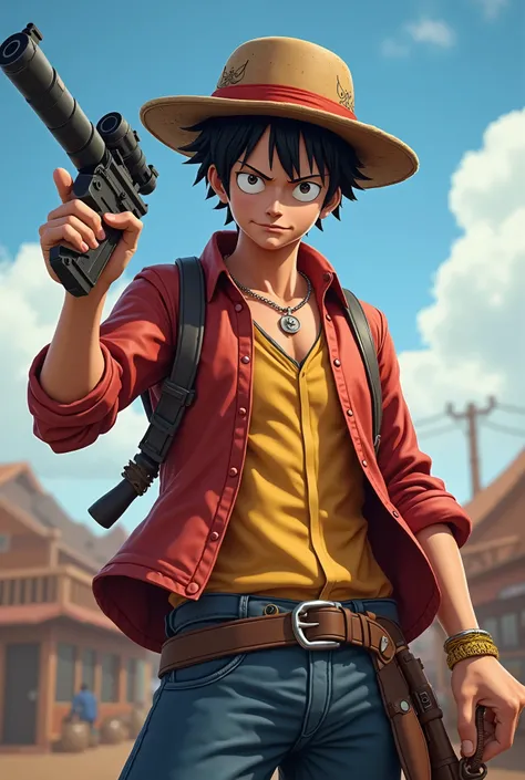 Photo for avatar, a character similar to M .d. Luffy, which is involved in a battle royale similar to PUBG MOBILE and has m416 weapons in one hand, , the other hand is drawn like his rubber-rubber ,  navik from behind a PUBG mobile-style battle that featur...