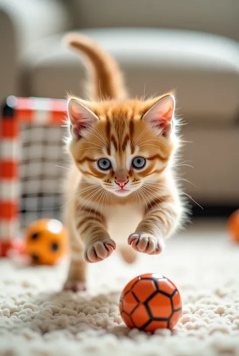 Kitten playing ball and scoring goal 