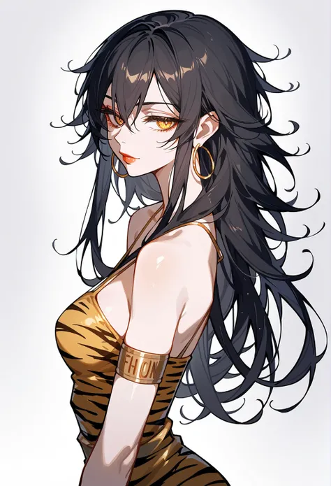 Artwork, , , Back view, Adult female, Single woman, Alone, Dark black hair, Long layered hair, Long hair, Short sharp bangs, Layered haircut, Golden and orange eyes, Half closed eyes, Sharp eyes, Devilish smile, Full lips, Lipstick, Expressionless, Pale sk...