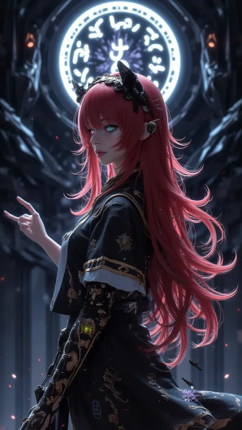  Masterpiece， Quality Best ， Quality Best ，klskx ，（NSFW，clear：0.7），Side View ，3/4 turns ， watching the audience ，1 girl， 1girl ，Alone， Red hair ，Long hair ，Long hair ， Detailed Eyes ， Multicolored eyes ， heterogeneous particles ， black， black， black鞏膜，red ...