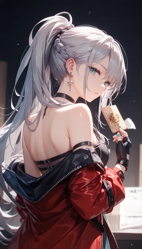  1 girl,   Aqua Eyes, return, bangs,  shoulder out, black  gloves,  blue eyes,  braided,  choker,  earrings, fingerless  gloves,  from behind,  gloves,  Grey Hair ,  holding ,  jacket ,   jewelry,  long hair,  stares at the viewer, looking return,  NAIL PO...