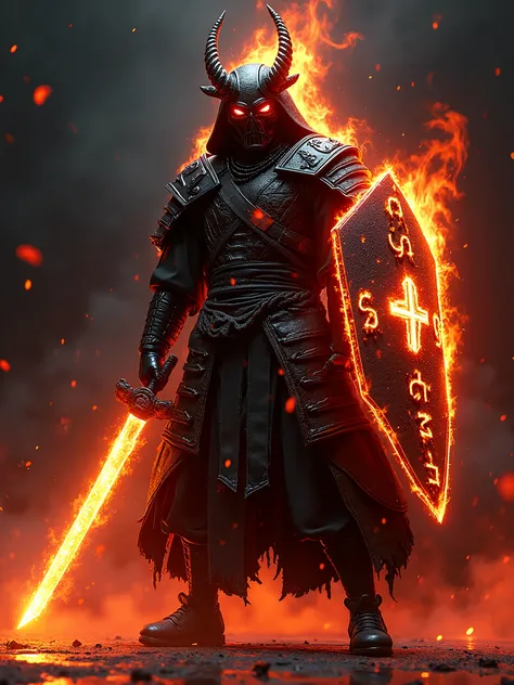 "Hyper-realistic 8K cinematic artwork of a demonic samurai warrior in a fire-infused streetwear outfit, blending cyberpunk and medieval Templar elements. The warrior wields a flaming katana, his Perisai shield adorned with glowing runes. The dark glossy bl...