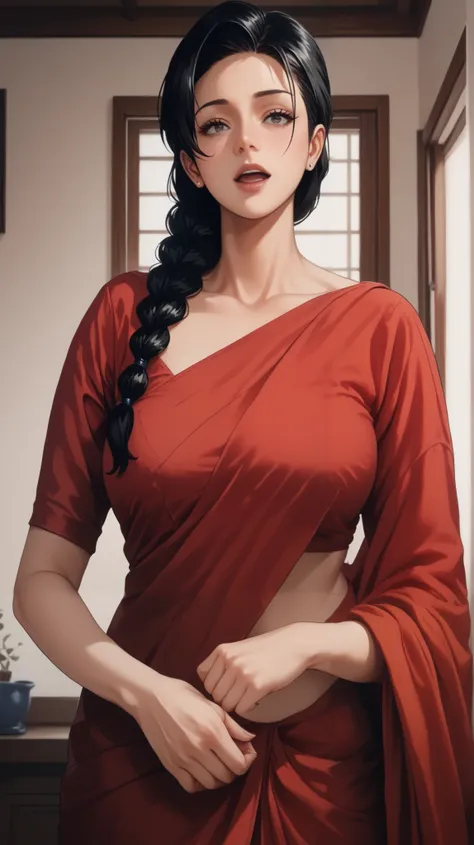  A mature woman in ((Black Hair)), ((Braid)), breasts, Cowboy Shot, open Eyes, Anime Style, in red saree with matching blouse 