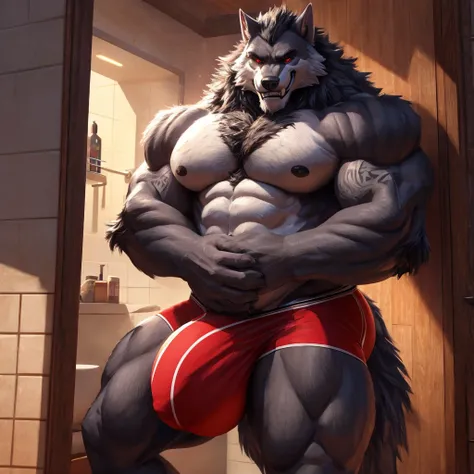 ((أفضل جودة)), ((تحفة)), (مفصل للغاية), ((4K)).

Bara, anthromorphic, gray and white fur, red eyes,werewolf, solo focus, massive body, tattoos around arms, muscular, briefs, thick Thighs, very fat,long fluffy tail, huge pecs, chest hair, grinning, standing...