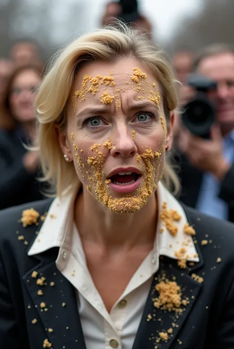 Create a picture of the AfD top candidate Alice Weidel, Who gets a cake in her face.