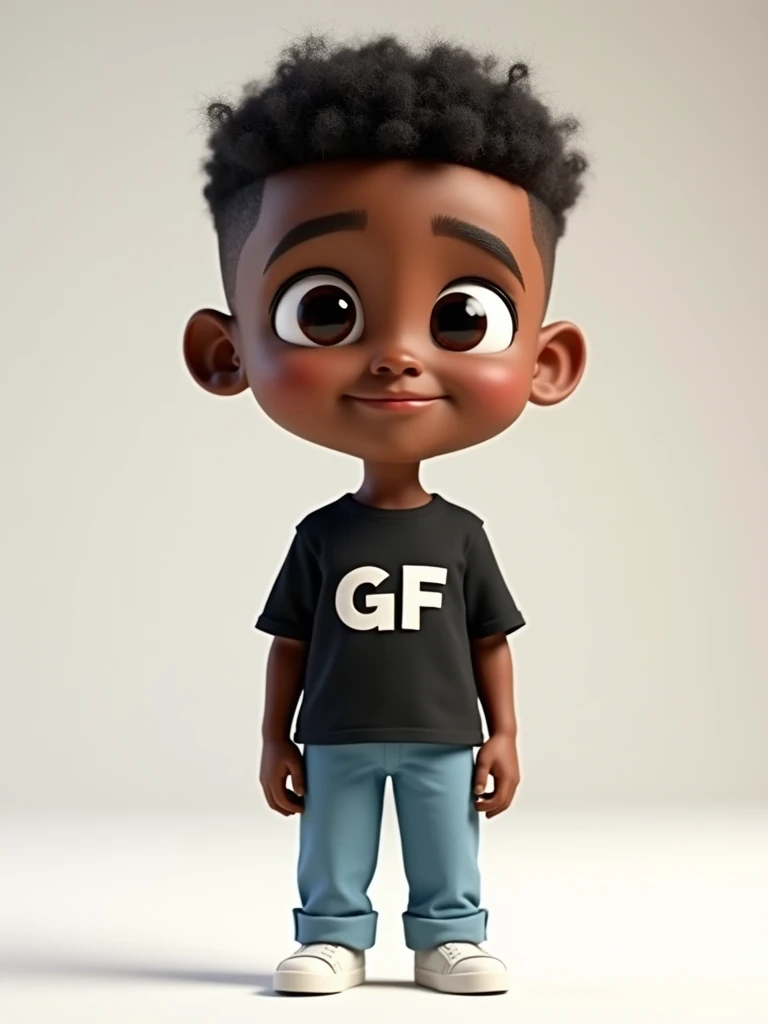 Black boy, With very short hair military style,  with slightly slanted eyes,  very thin with fine jawbone,  thin eyebrows , With a black shirt written GF,  light blue pants ,  white shoes , Pixar 3D animation