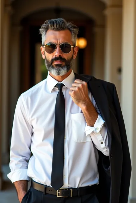 elegant man,   distant photo  ,  tie, short grey beard, formal wear,  white shirt folded over the arm  , good style,  sunglasses , Brazilian, charming ,  extremely well groomed and well dressed , impeccable retro hair  , charismatic aura, bright look,   ch...