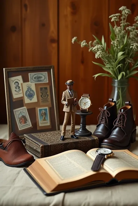 A beautifully balanced still life scene displaying a diverse collection of collectibles: a detailed figure/model as the centerpiece, a set of collectible cards and vintage stamps arranged in a delicate transparent frame on one side, a classic watch highlig...