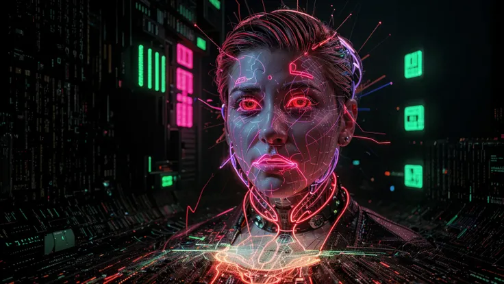 "A cybernetic neon face in the style of a futuristic digital illustration. The human face consists of glowing red and blue contours, reminiscent of a 3D vector grid. The eyes sparkle with digital lights, creating the effect of artificial intelligence. The ...