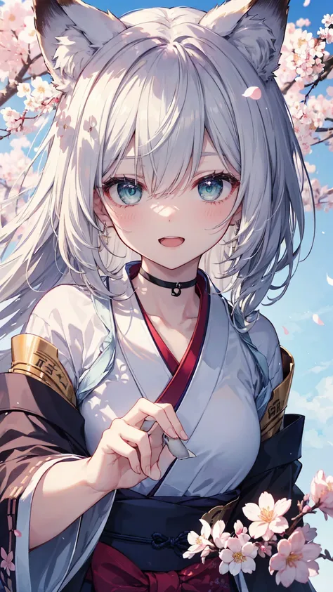 gray hair 、 illuminated in the dark 、 I had hair on one eye、Japanese-style town、day,solo,1 girl,((from above))、Yangyun、cherry blossoms、 Flower blowing snow、bird、slender、open mouth、double teeth、 claw pose、smile、 Cool Personality,((upper body))、on bottom ,bo...