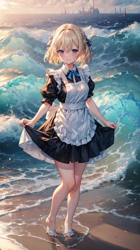 (8k,  super quality next to each other,  Masterpiece:1.2),  ultra high resolution,  one woman,  cute,  small breasts,  blond,  in white and black maid clothes ,  Katyusha,  Blue Ribbon,  apron dress, whole body, soaked,  like a ,  Best Smile, sea, sea水浴, W...