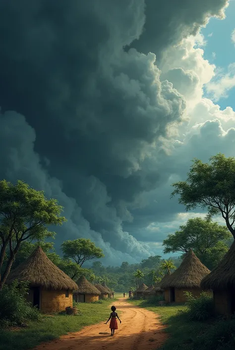 Village Under Dark Clouds**: A small village under a dramatic sky filled with thick, dark clouds, creating an ominous atmosphere in an African village 