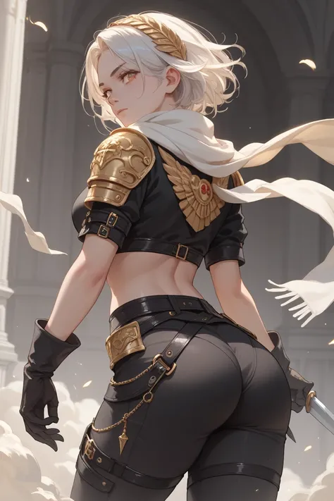 a anime girl with long white hair, and golden eyes, wearing a black wool shirt, and black tight pants. She also wears a cream white scarf and gloves, and three black belts around her waist and foreams. She has a very curvy and slim body, her ass is the mai...