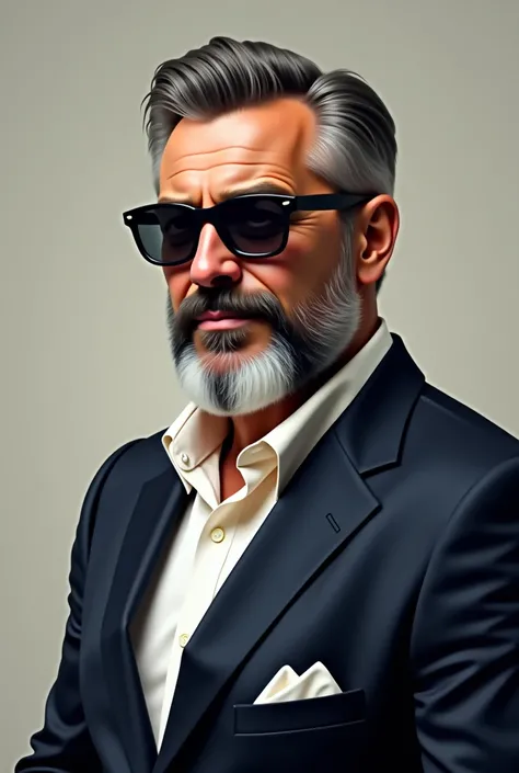  Create the profile image of a bearded and wealthy man with dark glasses successful in life, From afar and posing ,   tries to humanize as much as possible ,  more natural in human features  
