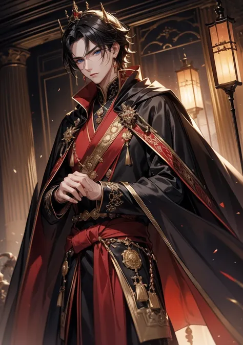  top quality。 detailed depiction of up to the front door。Castle ballroom。cool and handsome nobleman、(( one adult man))。 well-groomed 。Men's Hairstyles 、((male short hair))、青みを帯びた black hair、(( black hair))。 cool and intimidating look。(( blue eyes))。 well-g...