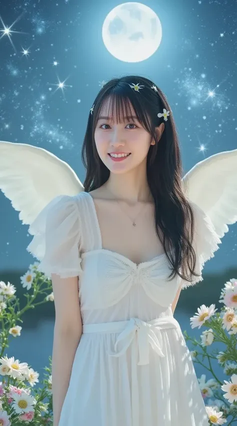  in a fantasy world、With angel wings、 smiling under a sparkling starry sky 。 cute woman in a soft pastel dress 、 standing gracefully。Moon and stars shining in the background 々