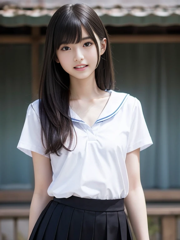  high resolution、 high resolution、In 8K、 RAW Photo 、 top quality、 Masterpiece、  18 year old girl , ( like your flat chest :1.2), (( slender body:1.2)),   wave hair,,  anatomically accurate、bangs、Wateetht、thigh、Japanese high  school uniform 、 school uniform...