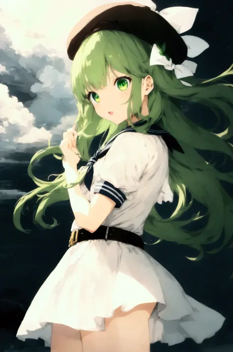   in the seat, green eyes, alone, green hair,    , White headdress ,   dress,   long hair, belt,sailor   dress,  watching viewers , Woven ,  sailor color  ,bangs　Short sleeve,cloud,white   sailor color  ,   school uniform ,white   dress,hair 弓,beret,ribbon...