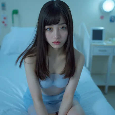 Facial close-up, kanna, A young woamn with long hair and bangs, She was very sexy, Short stature, revealing her collarbone. She was wearing a blue Transparent Minidress. She sat on the hospital bed. The background is a hospital ward. The bright lighting ma...