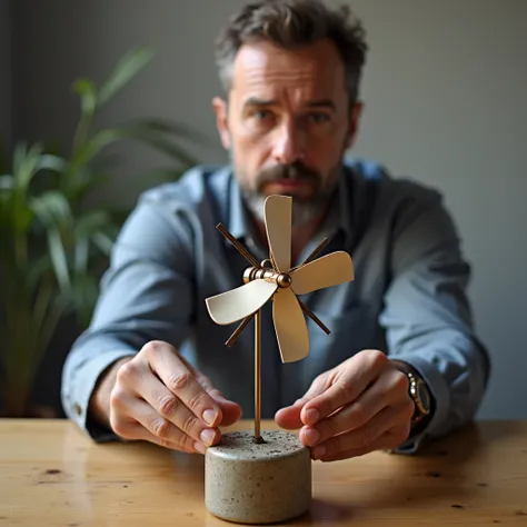 a man showing his invention, something that is on a base and turns, as if it were a small wind generator, but totally different from what we are accustomed to, something like if it was a revolutionary invention