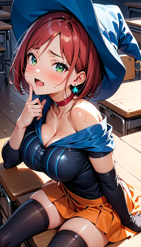 (slender, (5yo), Large breasts, (breast press), right finger to mouth, head tilt), (cleavage, midriff, Slender waist, zettai ryouiki), (open orange taut dress, bare shoulders, strapslip, Orange mini skirt), (Blue witch hat, Blue cape), (elbow black gloves,...