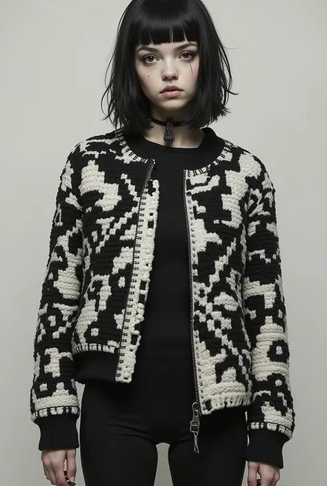 Full body portrait、 Extra Thick Yarn-Braided Jacket 、  cyberpunk girl wearing a bomber jacket、［Jacket composition ： A color with a white pattern based on black 、 Extra Thick Yarn-Braided Jacket 、Black ribbed 、］、Knitting Configurations 、 Intricate Knitting ...